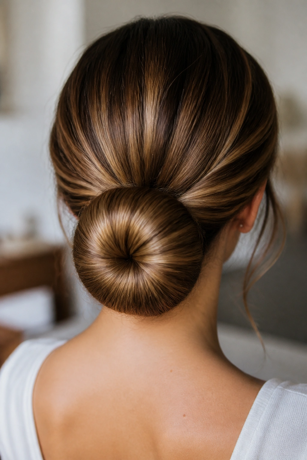 Back view of a real woman with a donut low bun built for volume