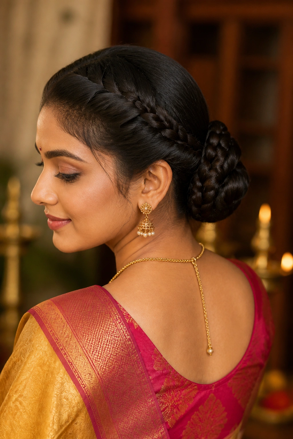 Close-up of Double Braid Into a Bun hairstyle on a real woman wearing a saree