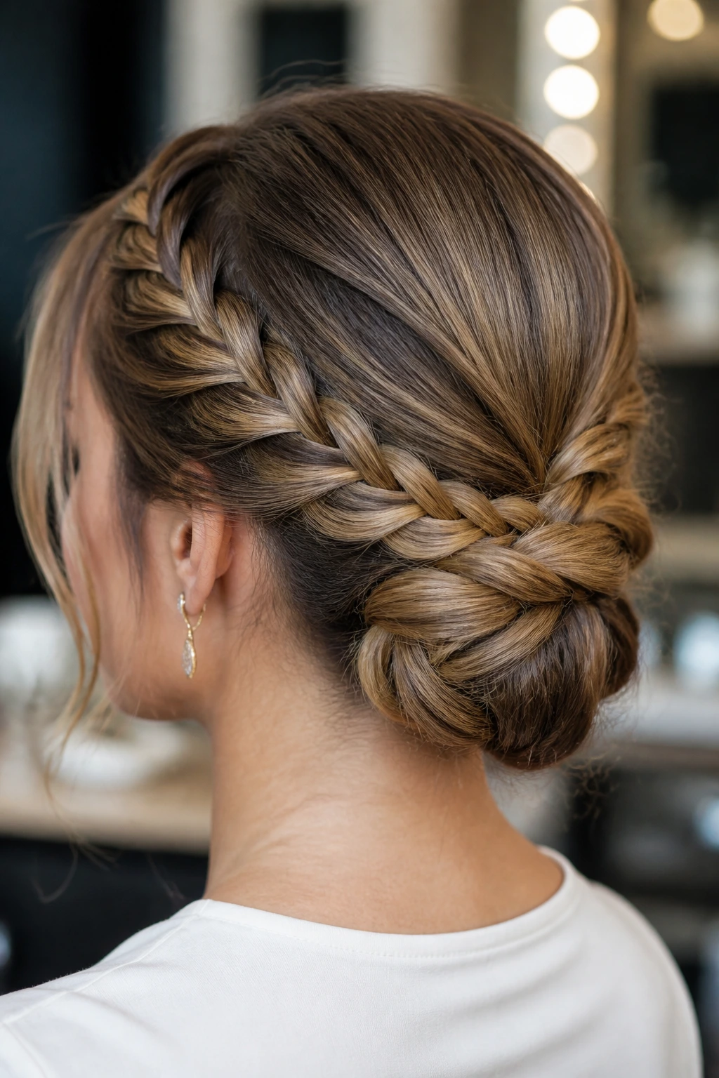 Close-up of a real woman with two braids forming a woven chignon at the nape