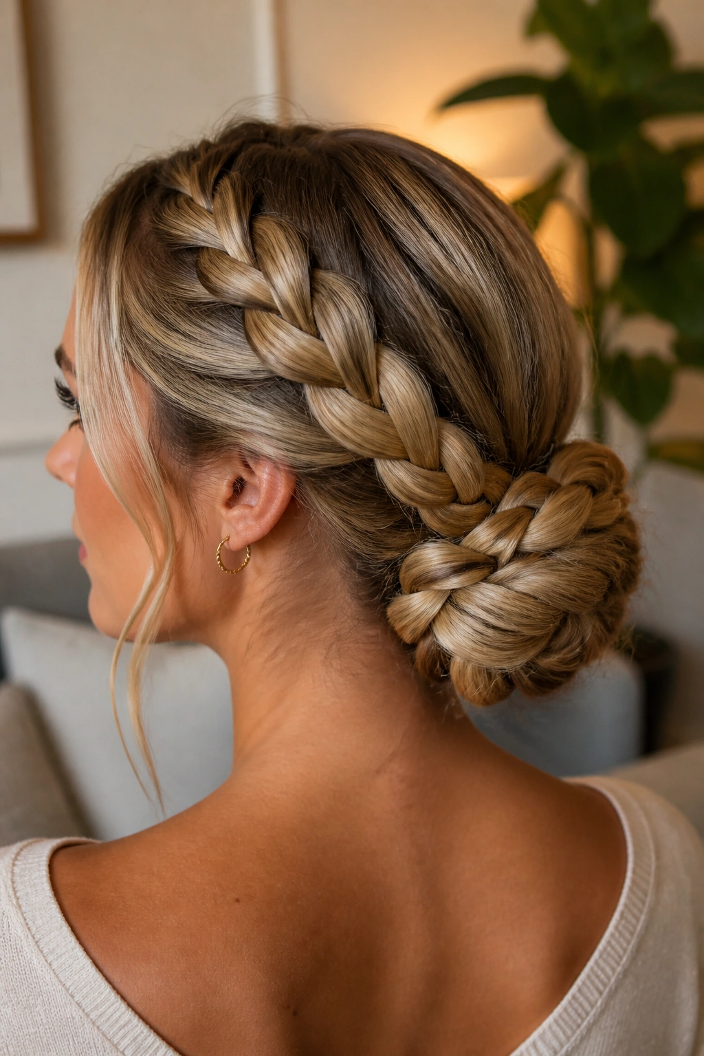 Close-up of a real woman with a double braid low bun