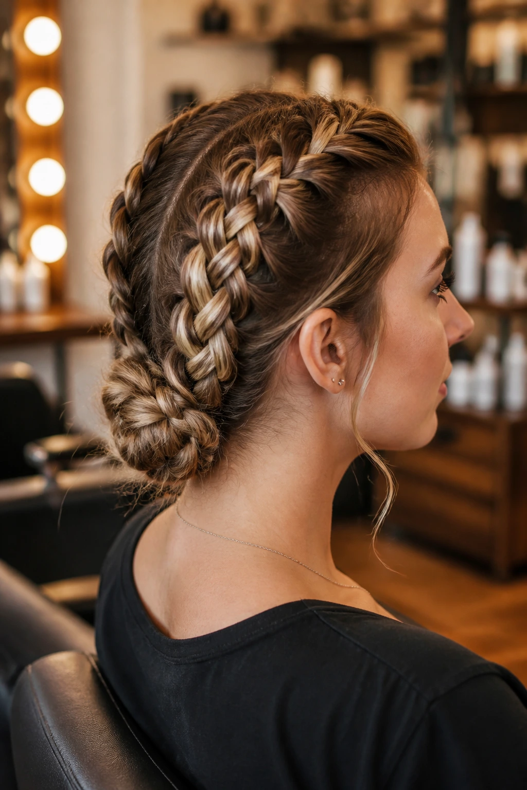 Three-quarter view of a woman with two French braids meeting at the nape and a bun at the back.