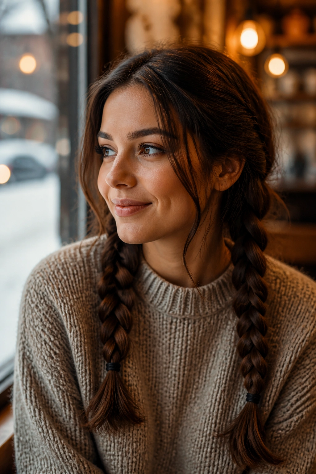 Brunette woman with two loose braids in warm cafe window light