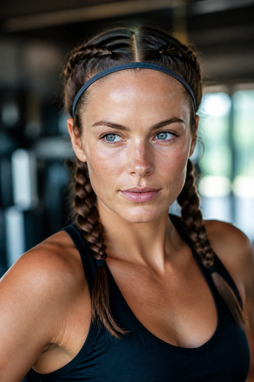 Close-up portrait of a real athlete with double braids and a center part in a gym