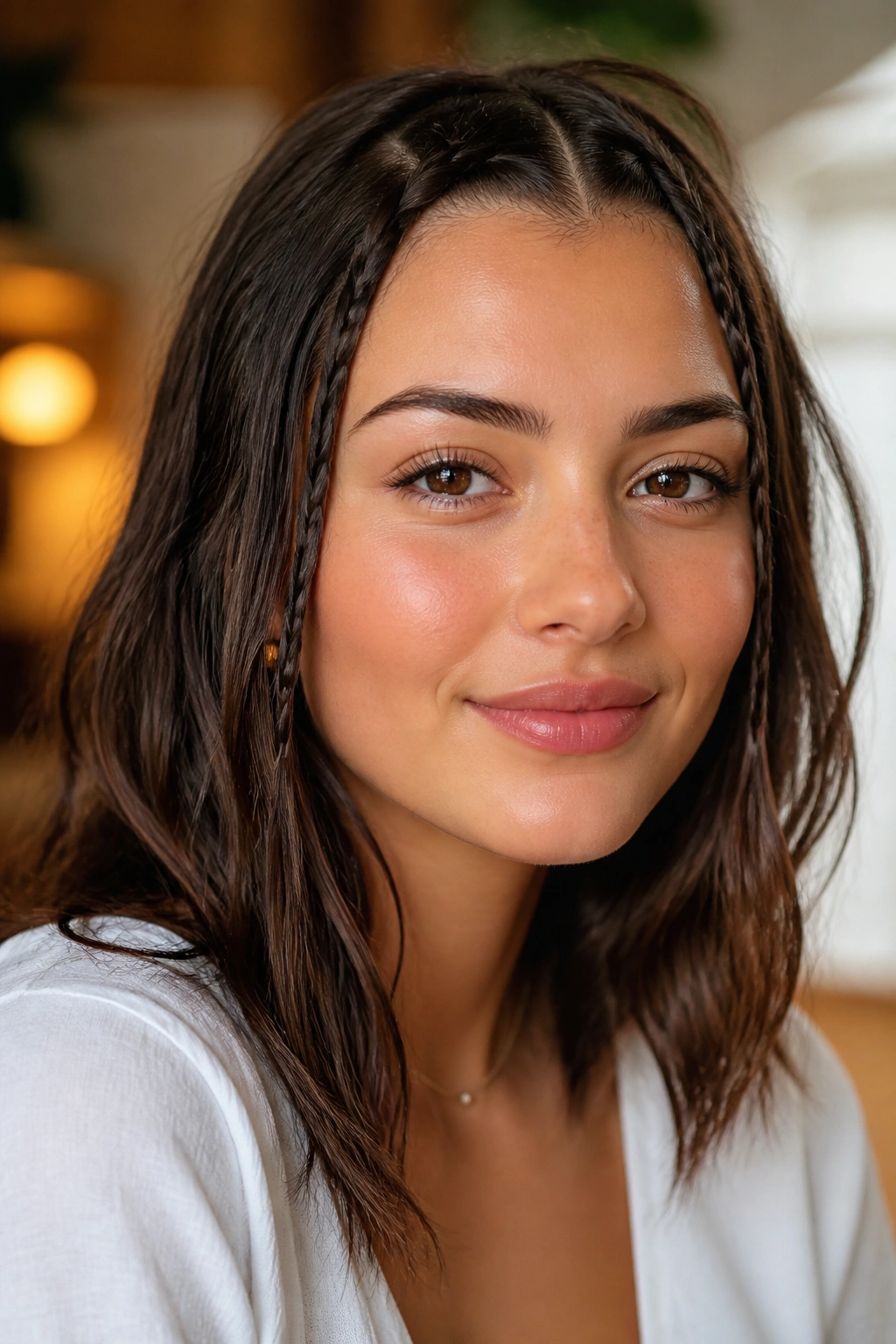 Close-up of a real person with two small front braids and loose hair