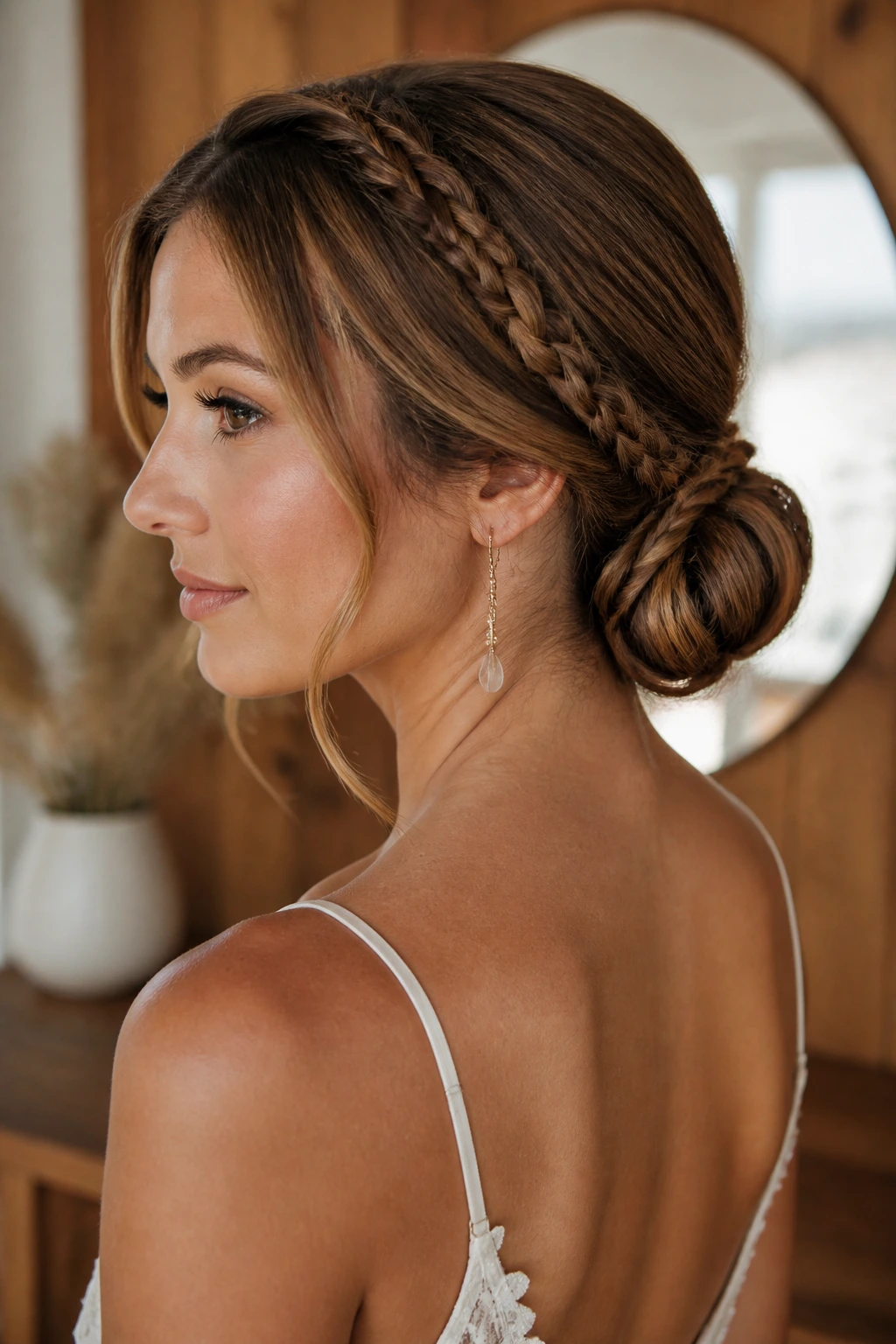 Close-up of Double Braids into a Low Bun bridal hairstyle on a real woman