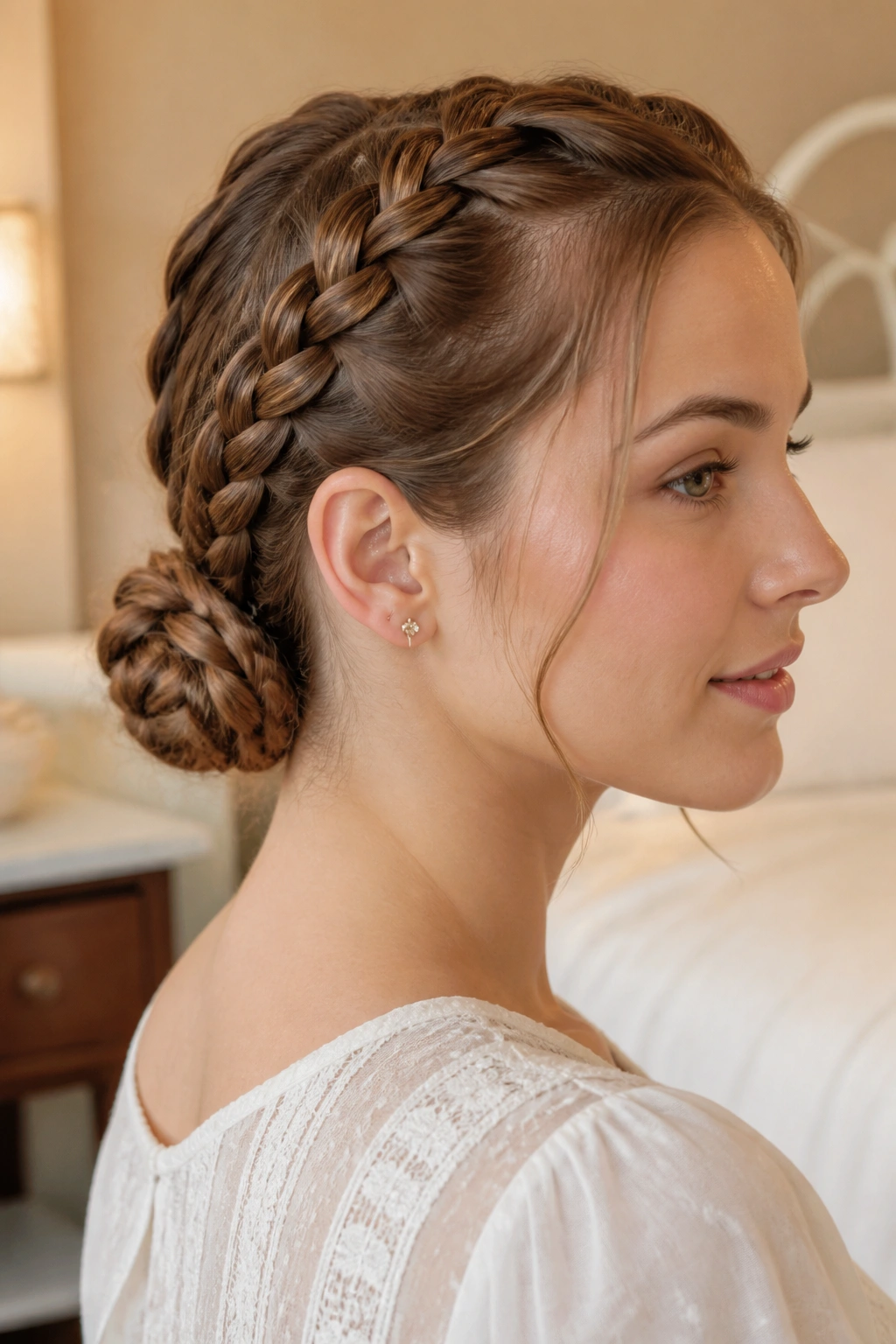 Close-up of a real woman with two braids forming a nape bun.