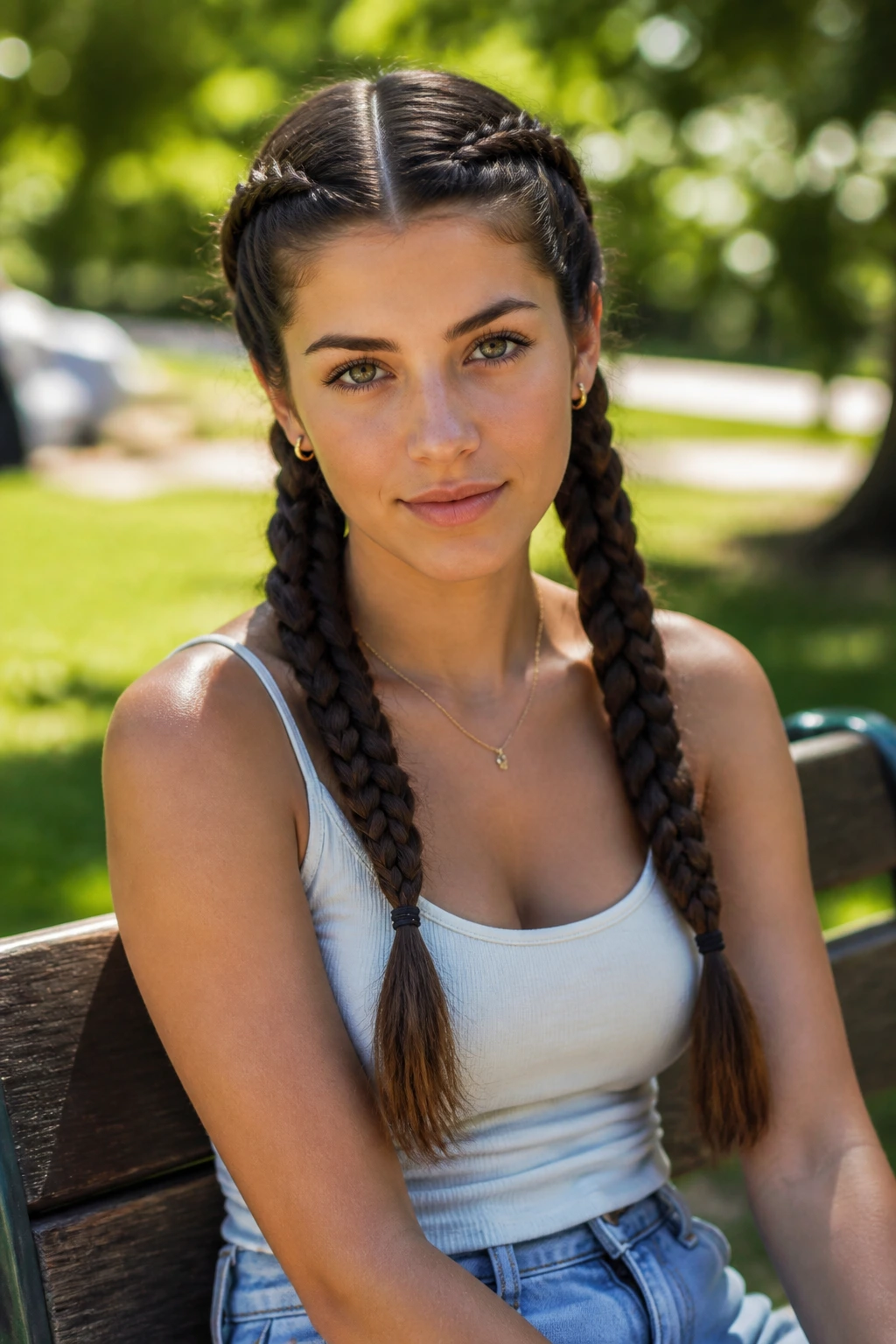 Real woman with two symmetrical braids forming pigtails along a center-parted hairstyle