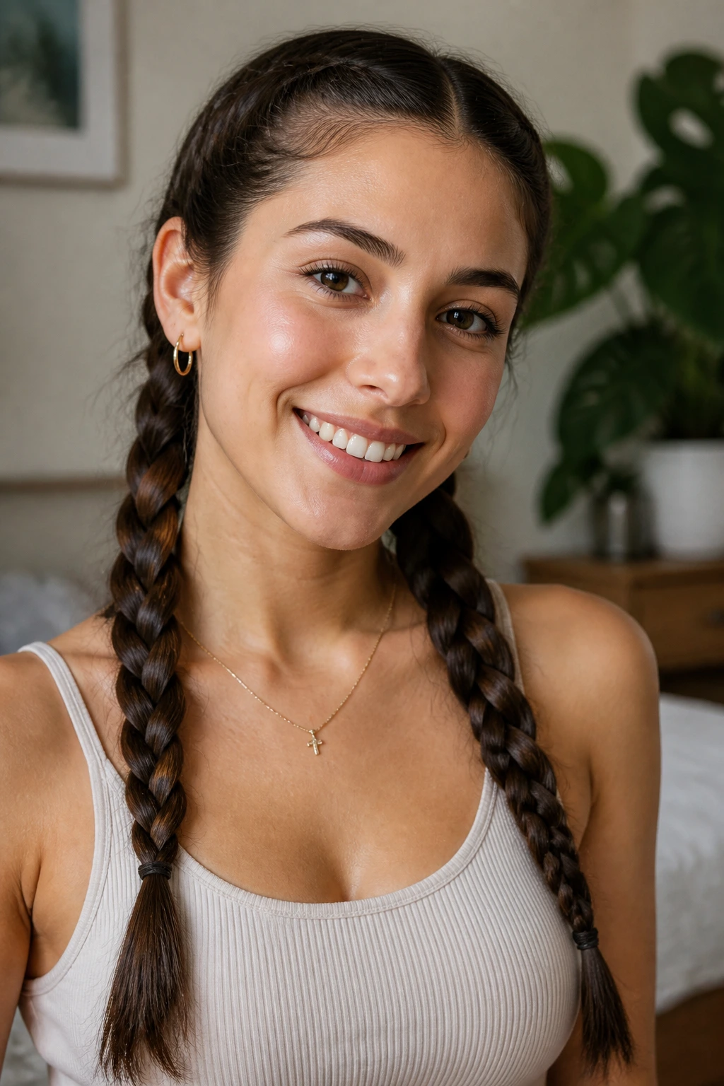 Close-up of a real woman with two braids behind the ears and a center part, in a home setting