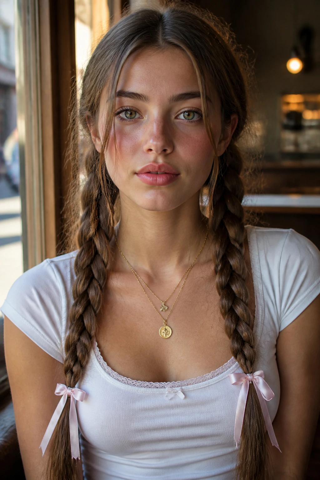 Close-up of a real woman with double braids and ribbon ties