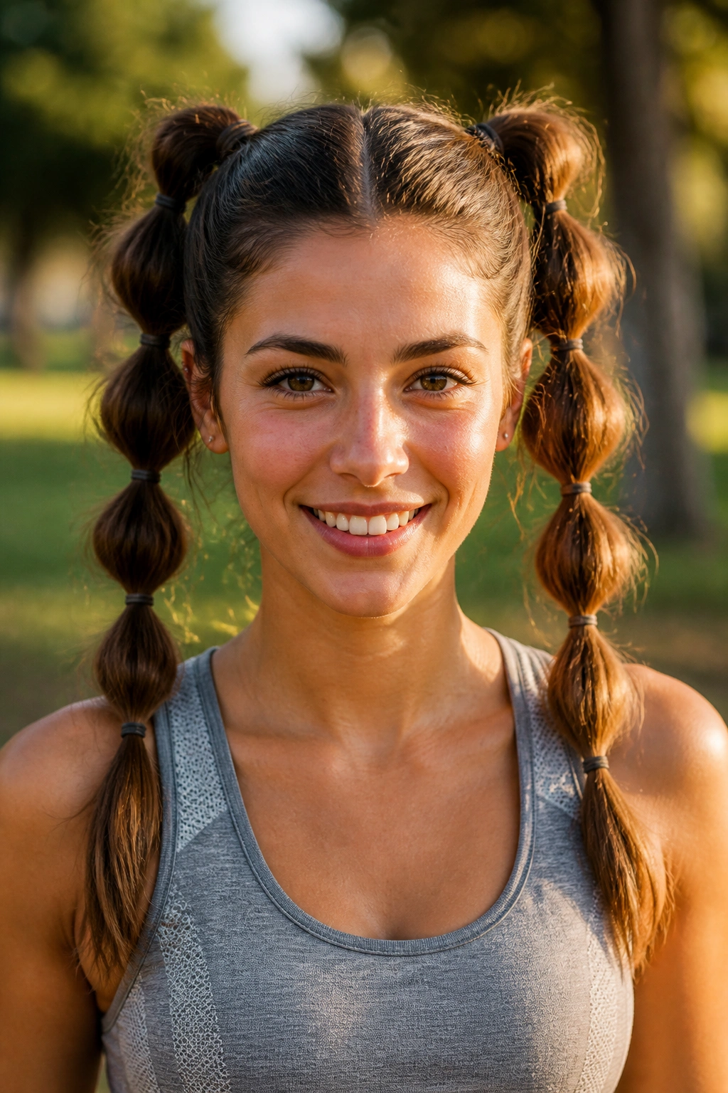 Close-up of a real woman with two bubble ponytails in a park.