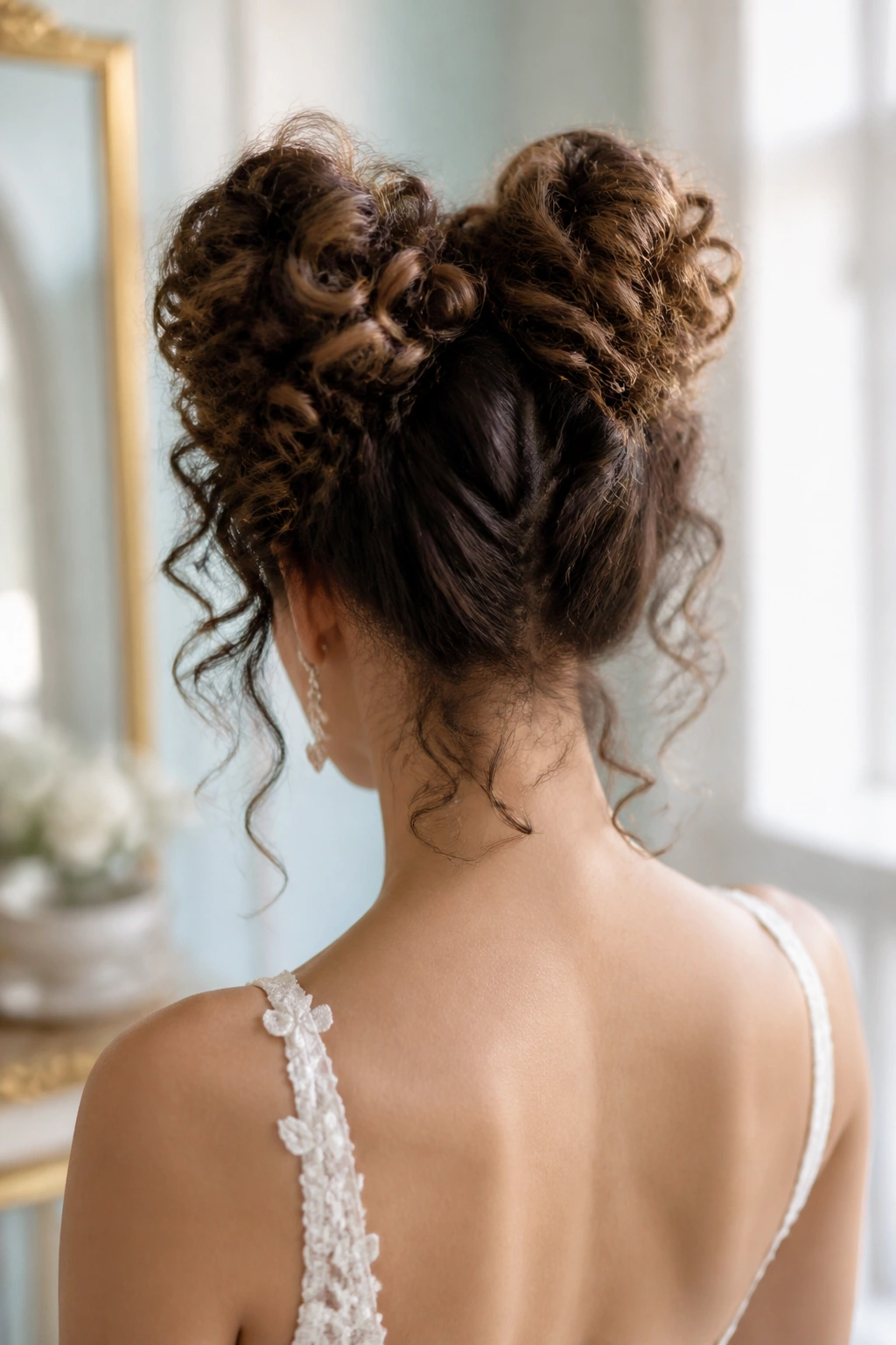 Back view of double bun curly updo on real bride