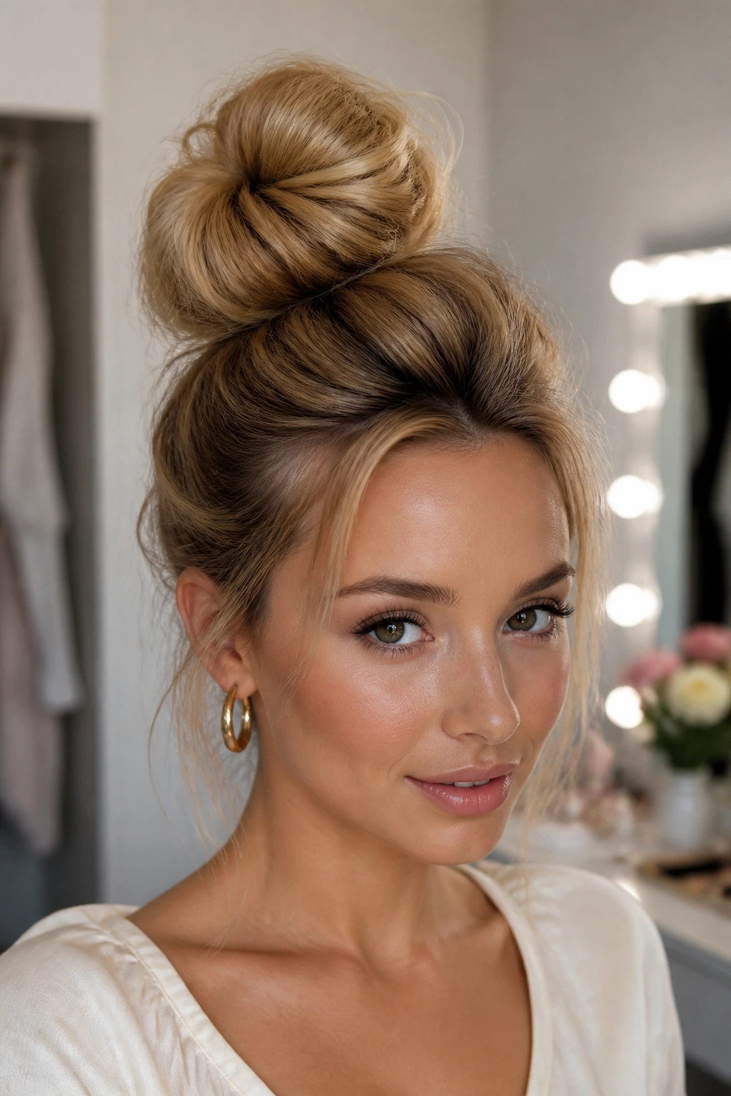 Close-up portrait of a real woman with two stacked buns forming a tall updo.