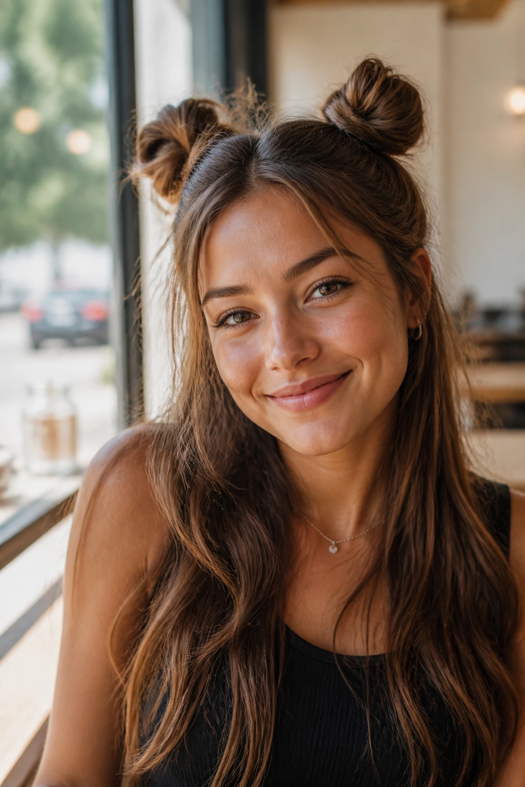 Head-and-shoulders portrait of a real woman with double mini buns and long hair down.