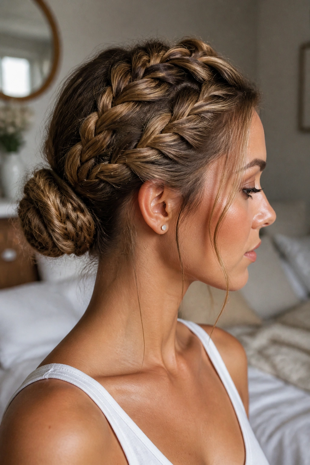 Close-up portrait of a real woman with a Double Dutch Braid Bun hairstyle in warm bedroom light