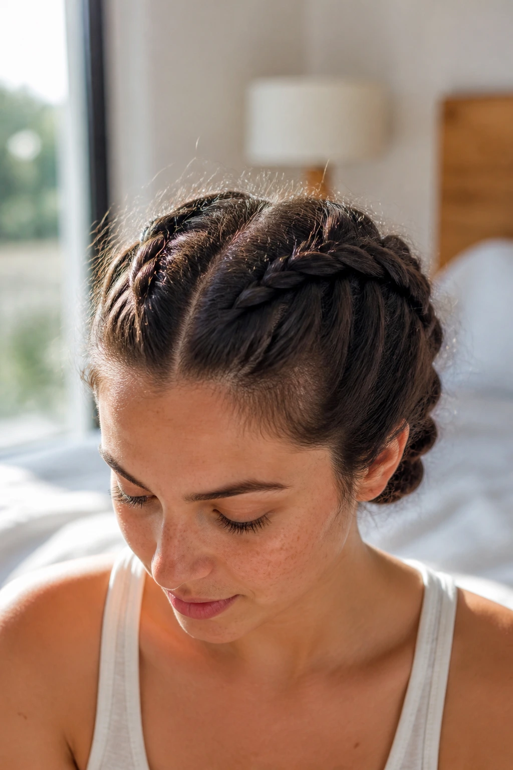 Close-up of a woman with two Dutch braids across the crown, frizzy texture visible