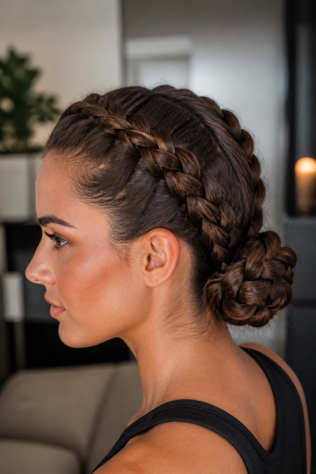 Close-up of a real woman with two Dutch braids into a bun at the nape