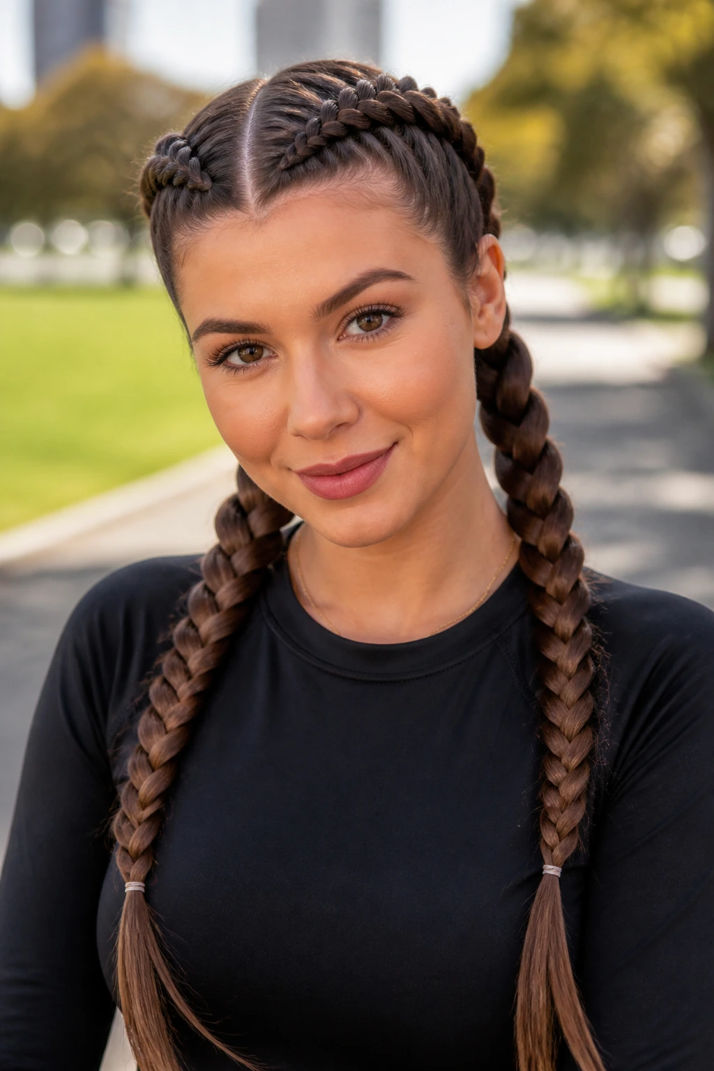 Close-up of a real woman with two neat Dutch braids