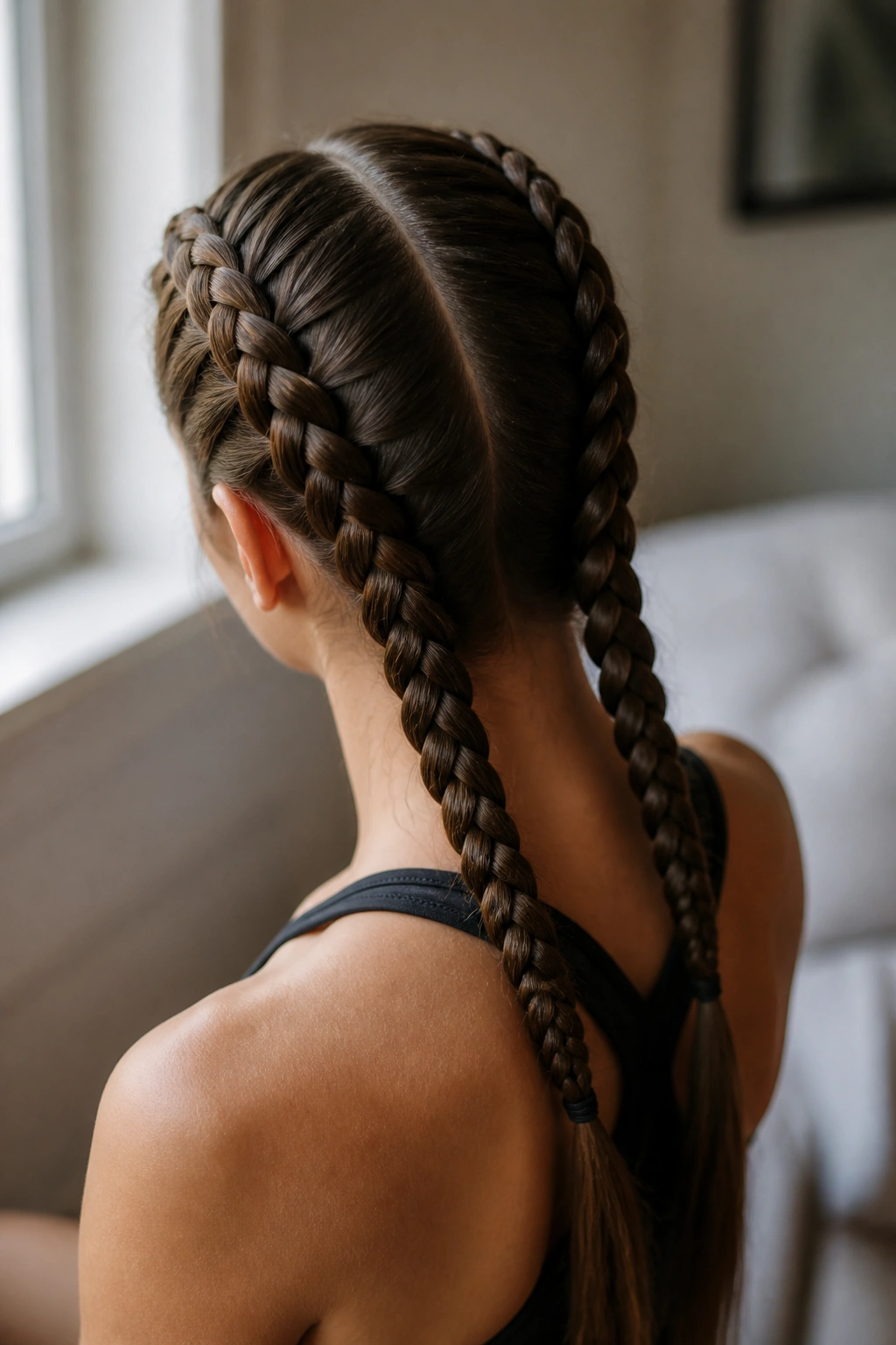 Back view of real person with two Dutch braids close to the scalp