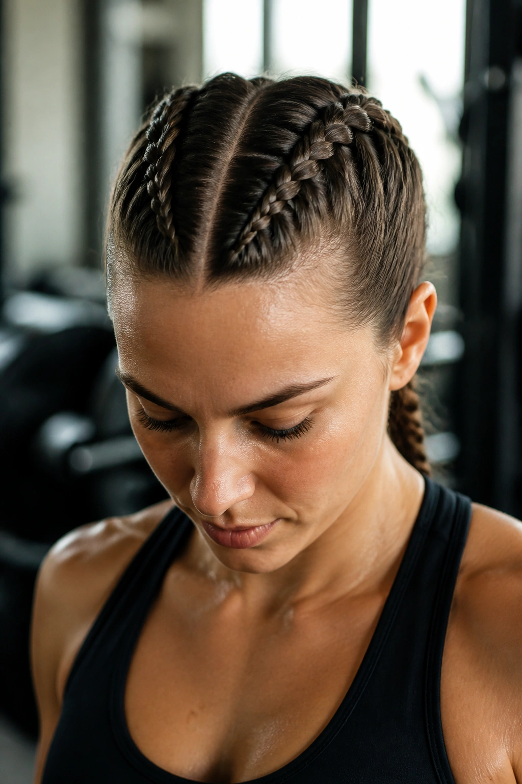 Close-up of a real woman with double Dutch braids in a gym