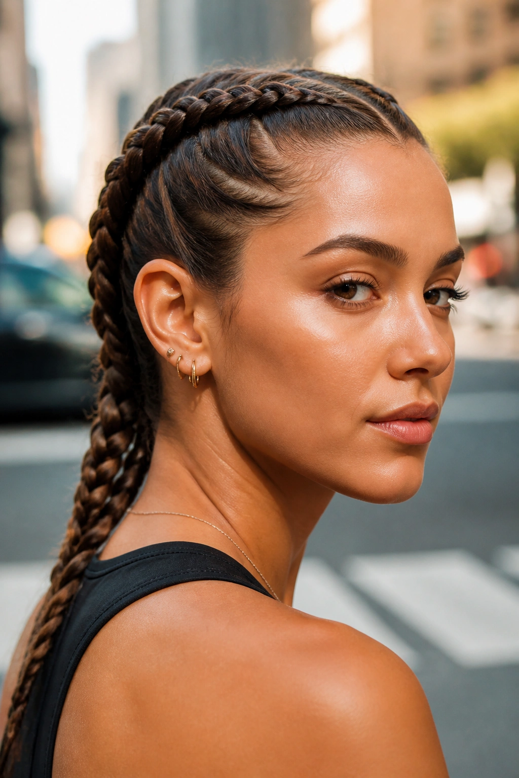 Close-up of a real person with double Dutch braids staying close to the scalp.