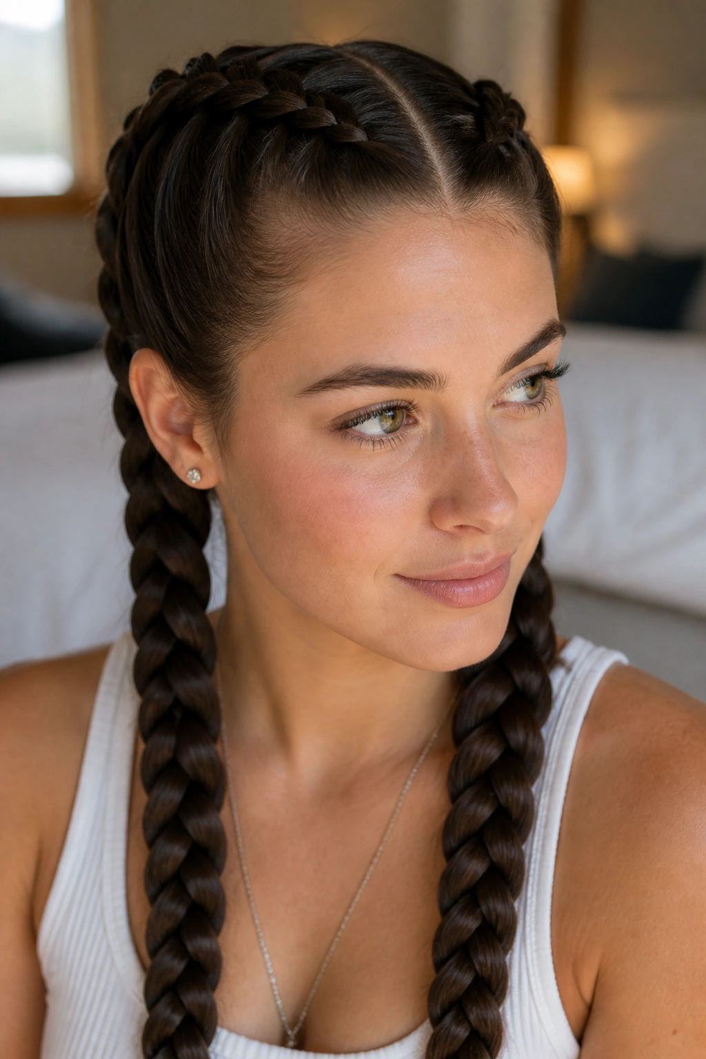 Close-up of a real woman with two centered Dutch braids in long hair