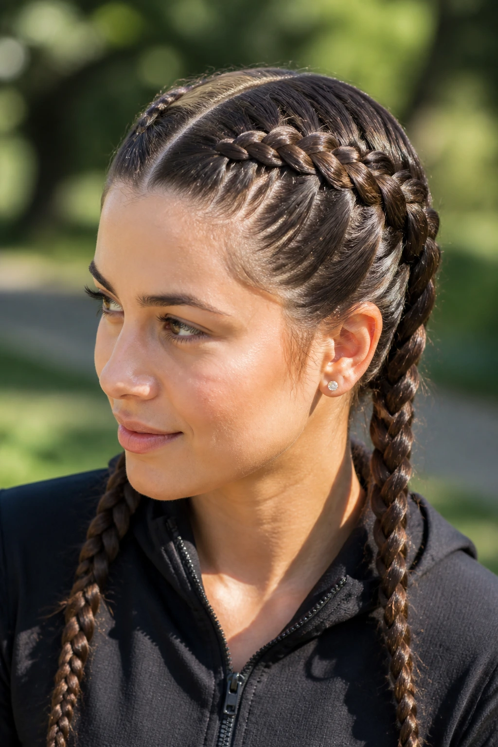 Close-up of a real woman with two Dutch braids visible on top of her hair outdoors.