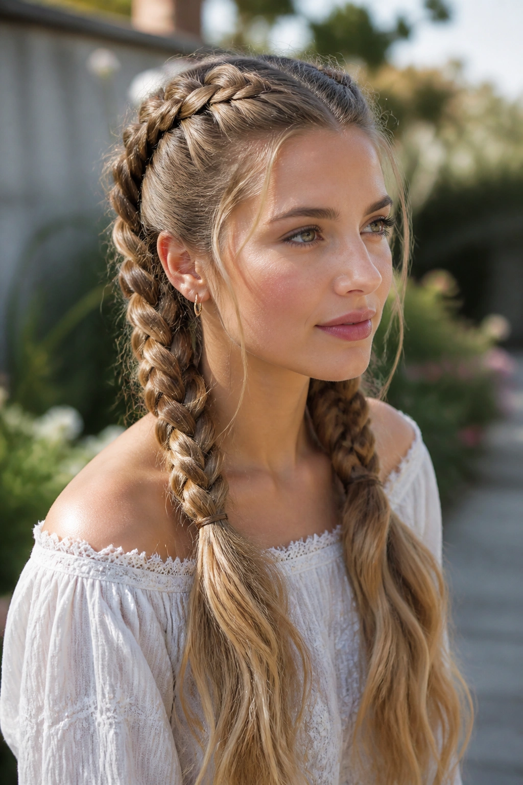 Head-and-shoulders of a real woman with two Dutch braids and loose ends outdoors