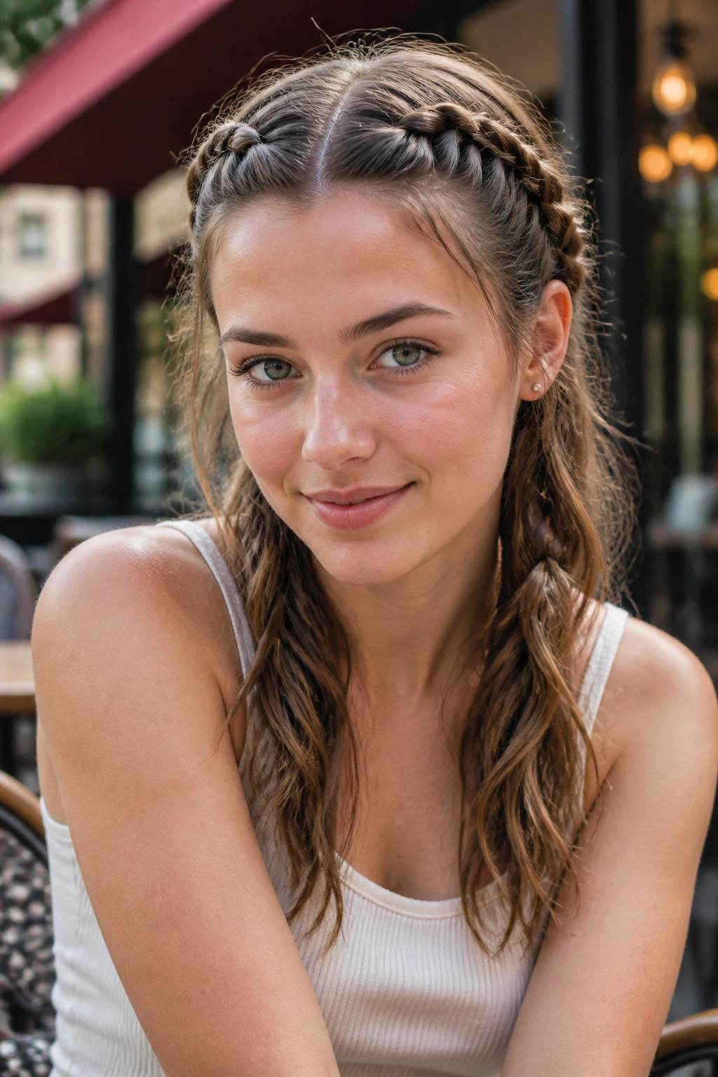 Woman with double Dutch braids and loose ends in an outdoor cafe setting