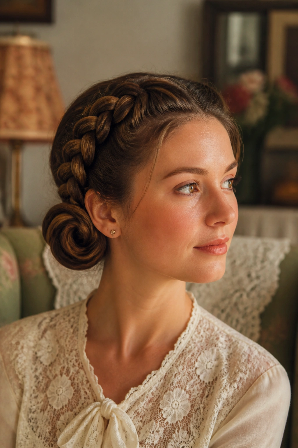 Close-up of a real woman with two Dutch braids folded into low rolls behind her ears.