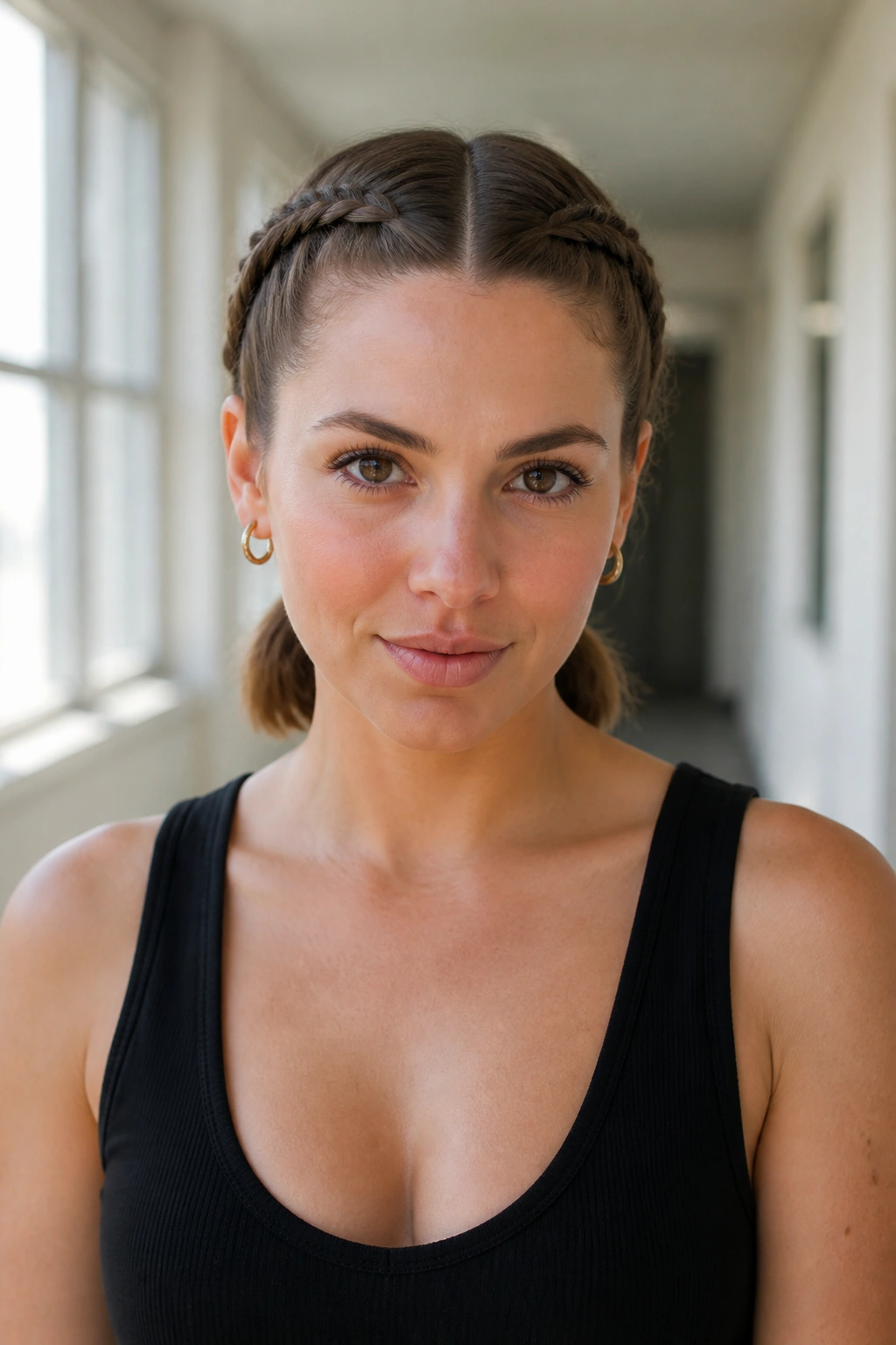 Front-facing real woman with twin Dutch braids into low tails