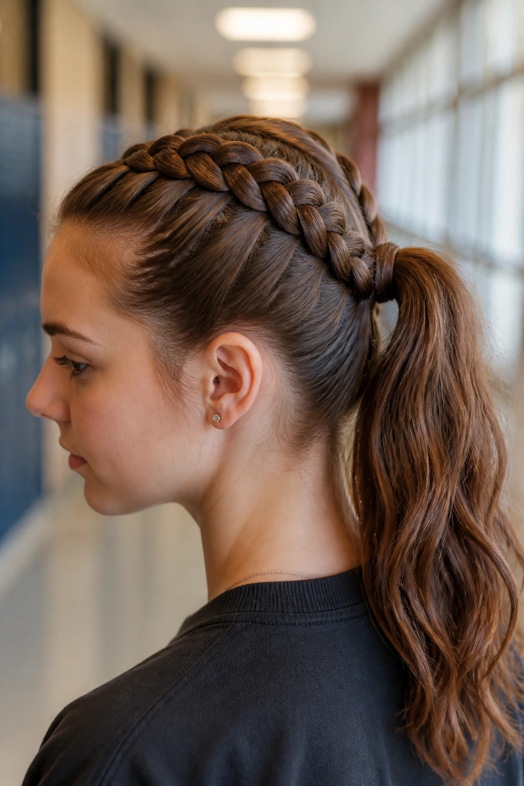 Teenage girl with mid-head ponytail from Dutch braids.