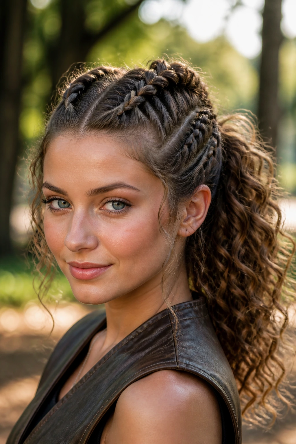 Close-up of a real woman with Double Dutch Braids Into a Curly Ponytail forming a high curly ponytail in soft light.