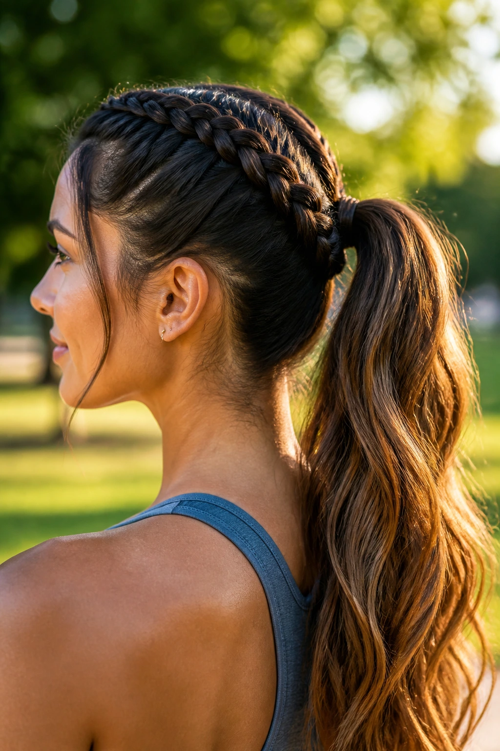 Close-up of a real woman with two Dutch braids joining into a ponytail in a park setting