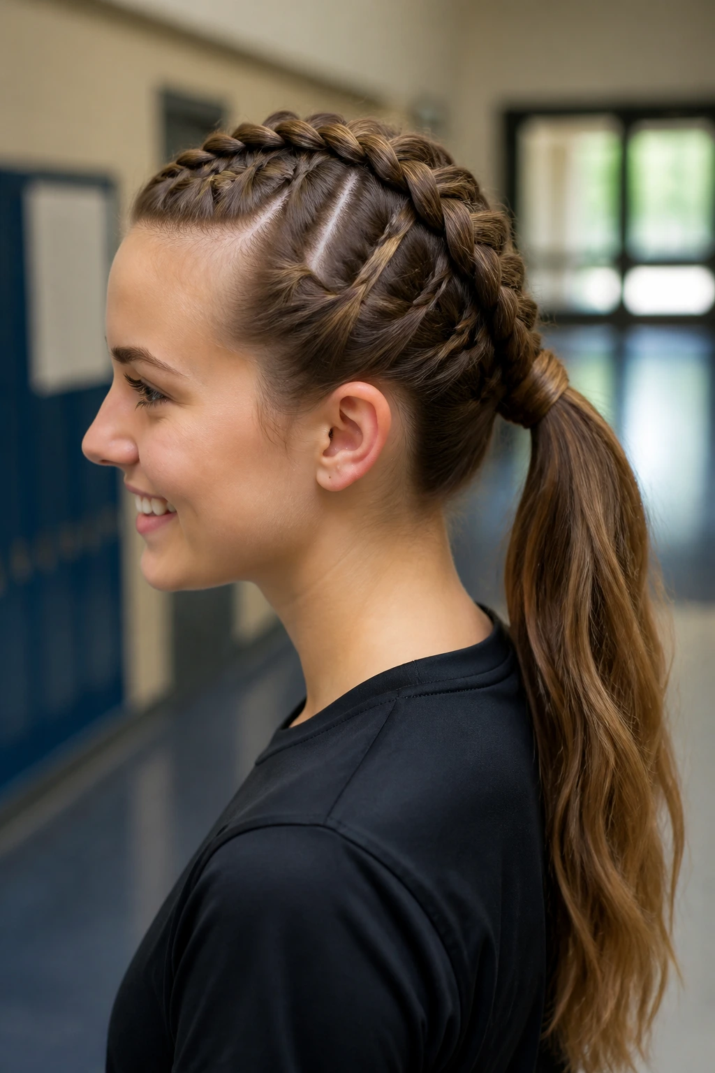 Student with double Dutch braids joining into a ponytail in a school setting