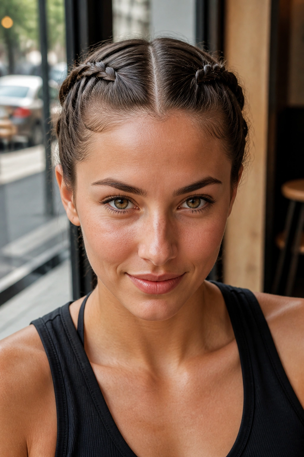 Front-facing real woman with two Dutch braids framing the face