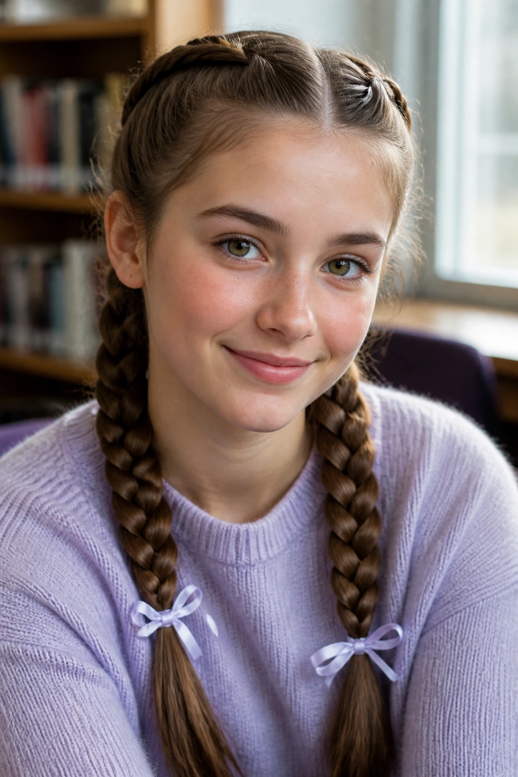 Close-up of Dutch braids ending with ribbons on a real person