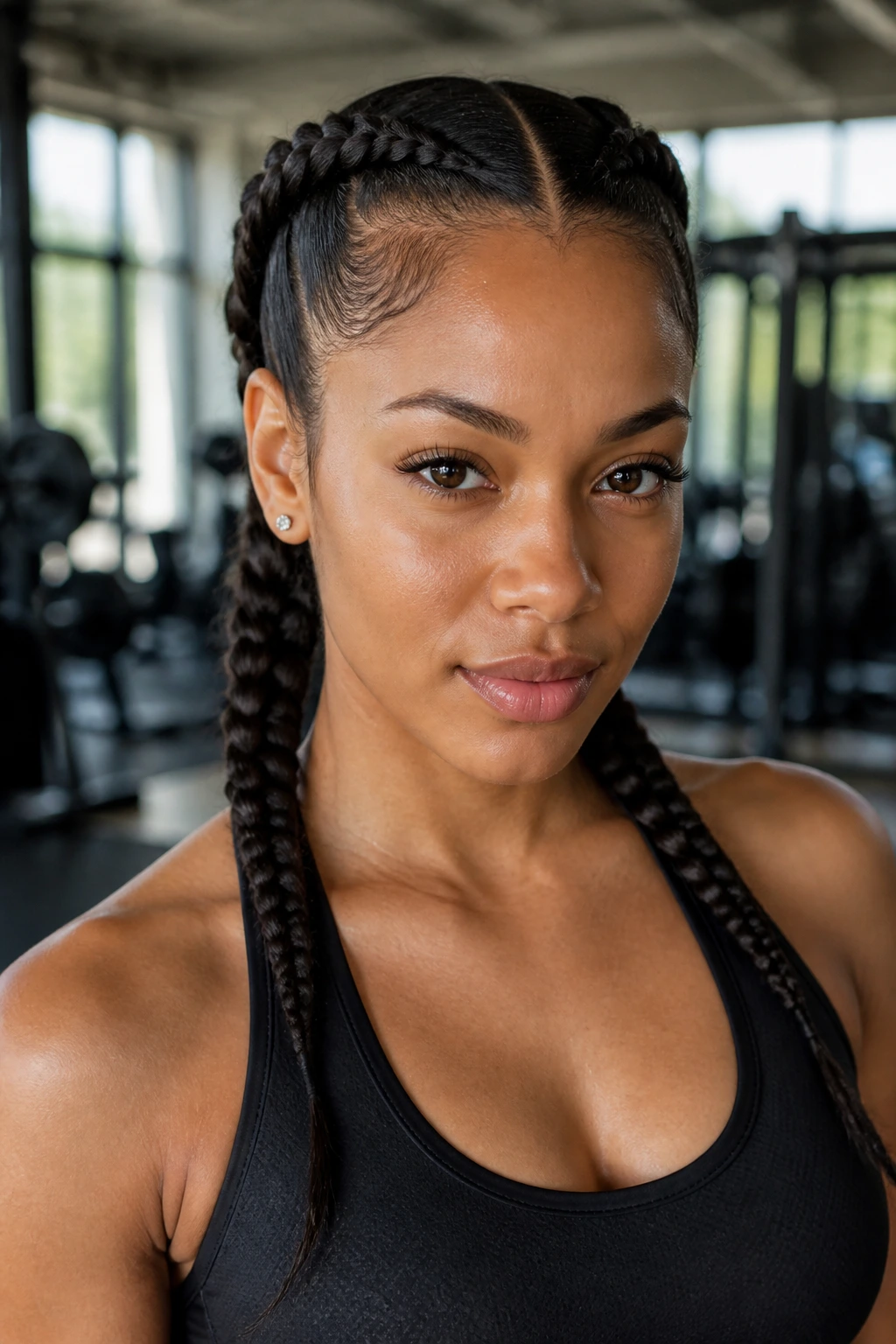 Close-up of a real woman's two neat Dutch braids in a gym setting