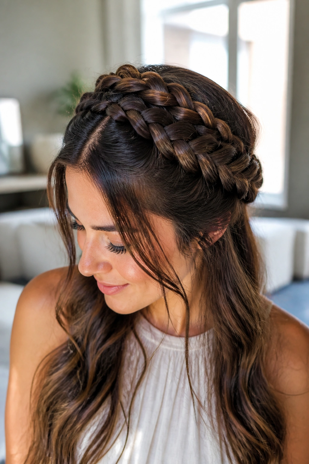 Close-up portrait of a woman with double Dutch crown braid around the crown