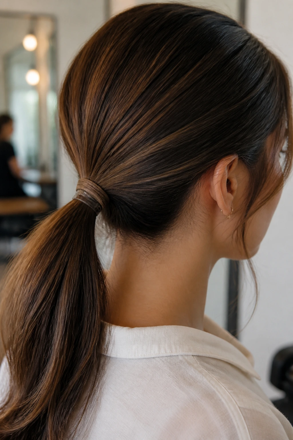 Close-up of a real woman with a double elastic ponytail.