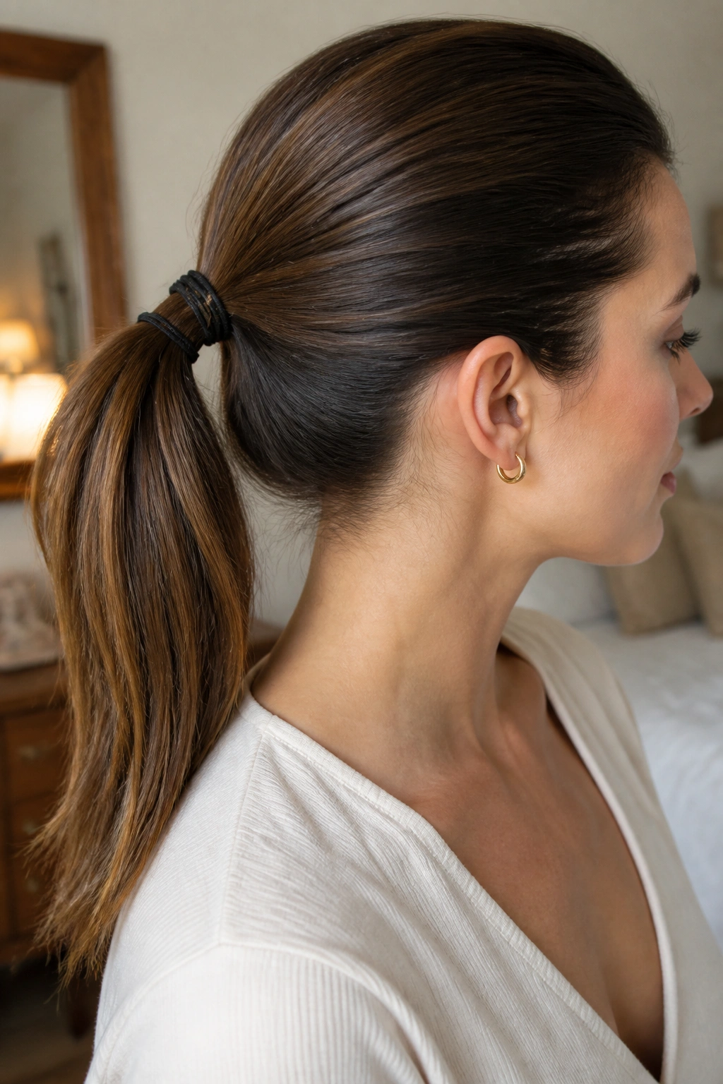 Close-up of a real woman with a double-elastic ponytail and a visible stem between two elastics