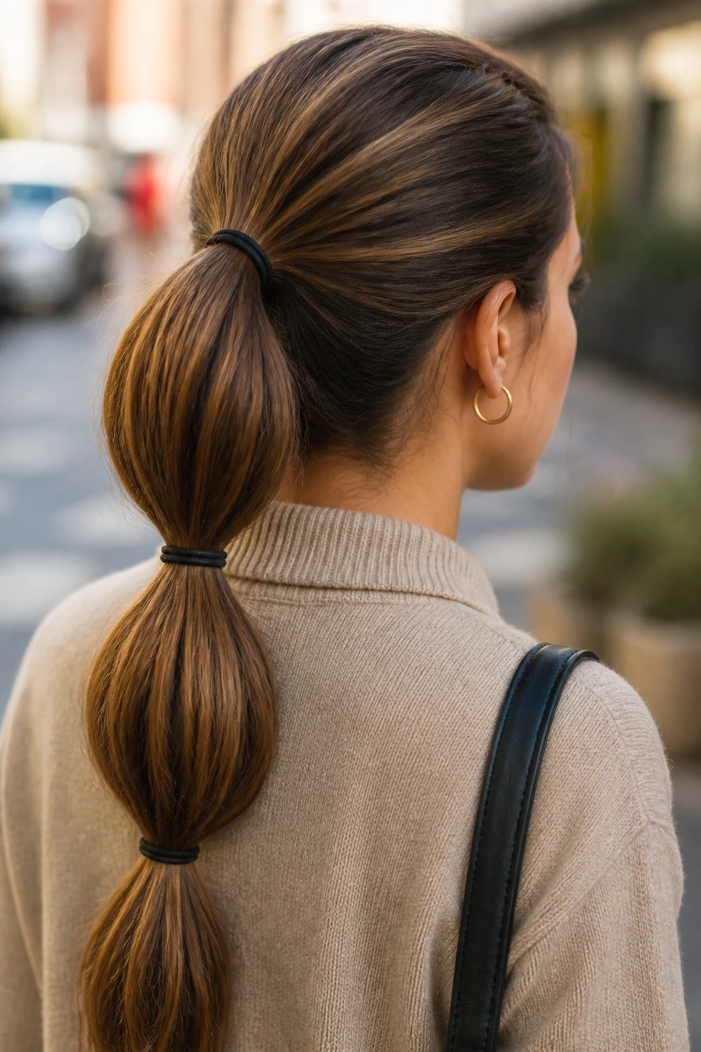 Back view of a woman with double-elastic ponytail showing two elastics.