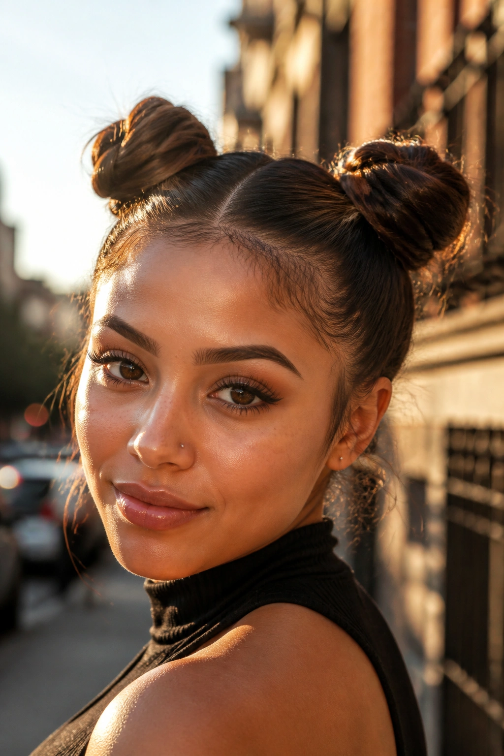 Portrait of a real woman with two small fishtail buns