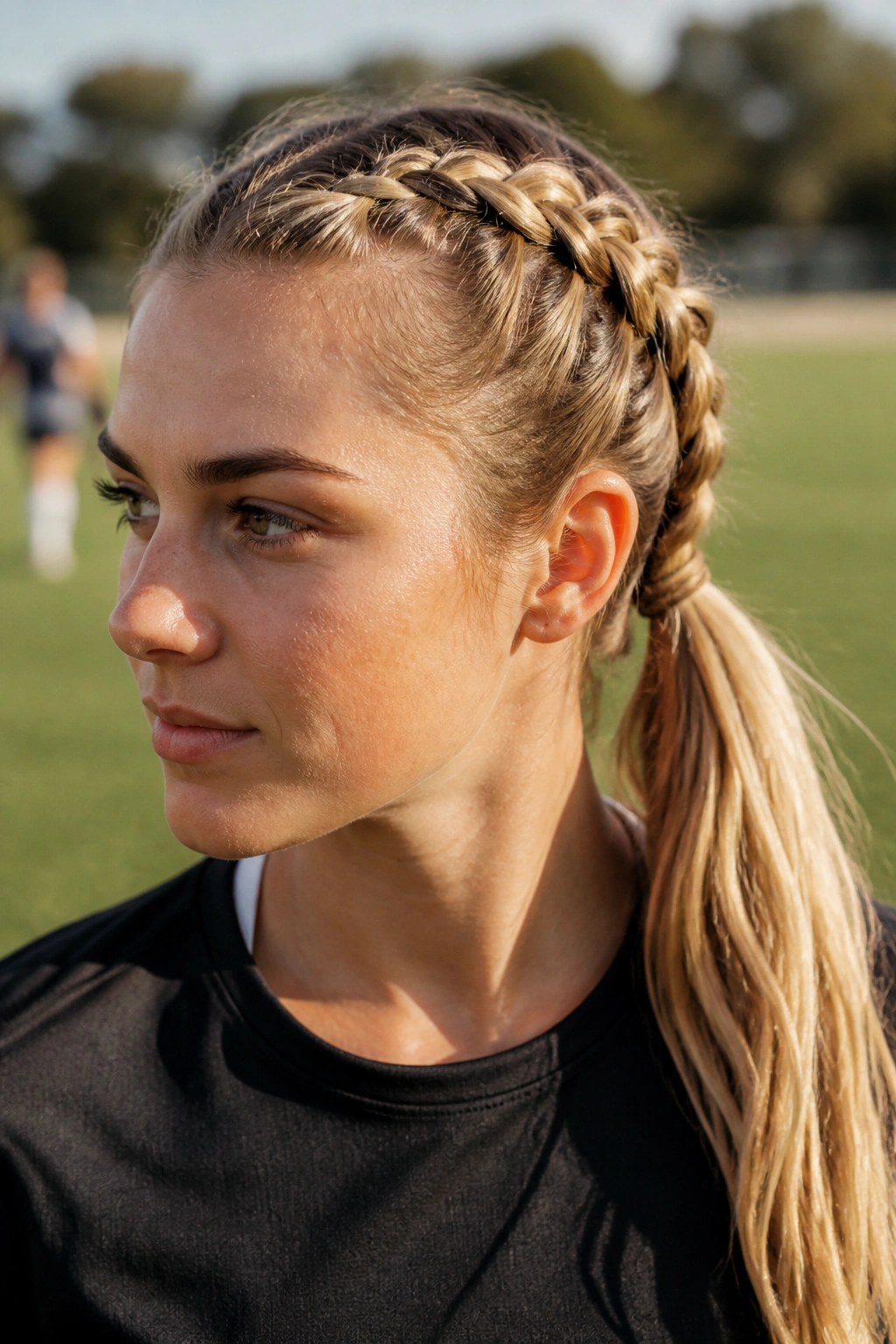 Close-up of a real woman with double French braids into a ponytail on a soccer field.