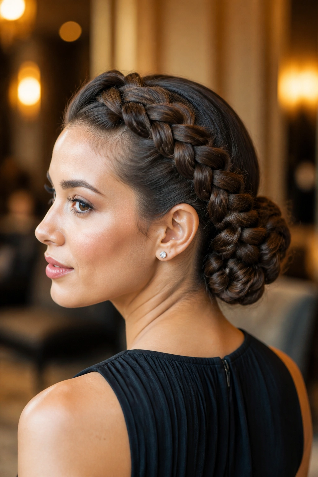 Close-up of a woman with two French braids rolled into a low bun at the nape