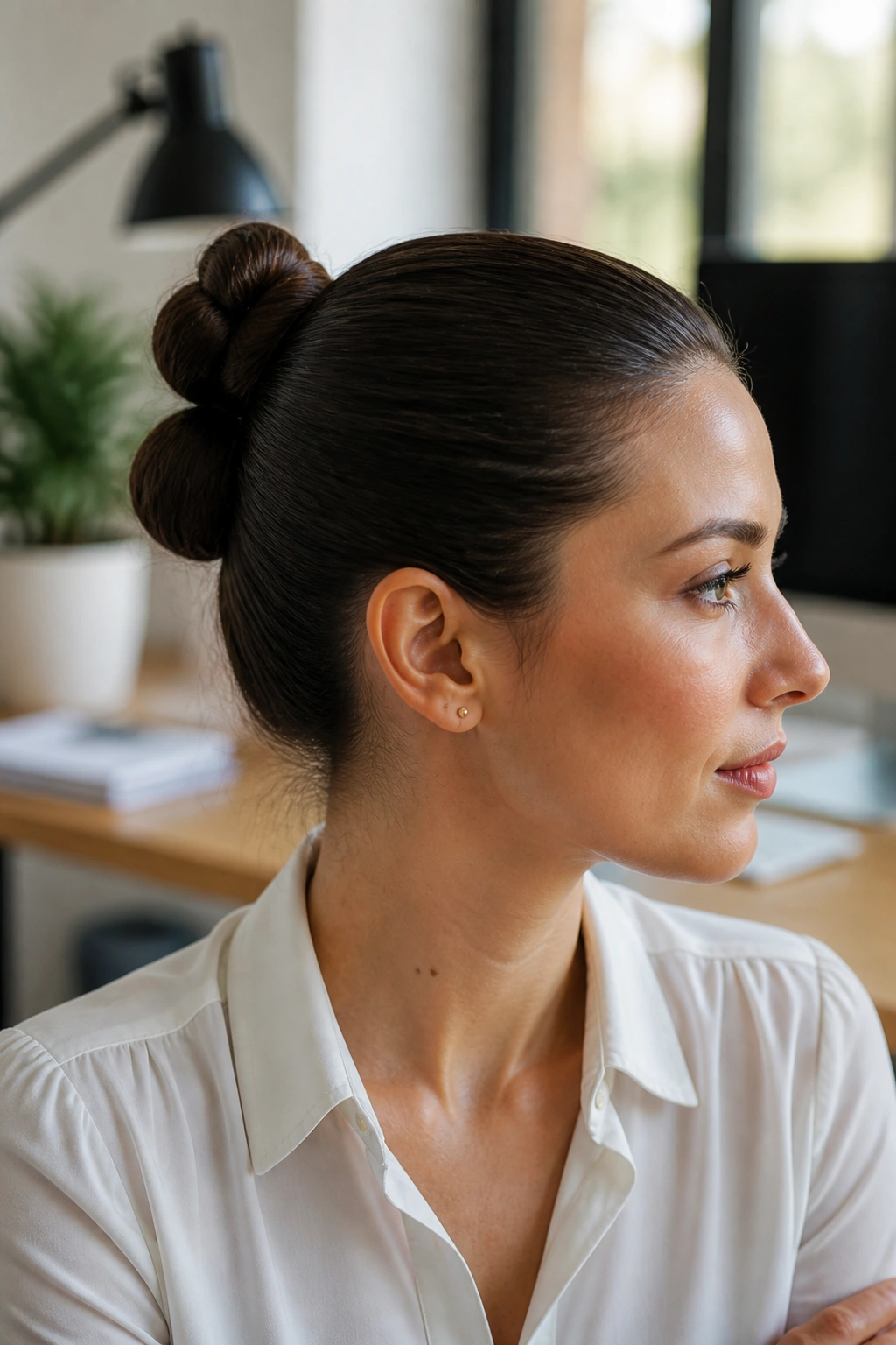 Portrait of a real woman with a double-knot bun in an office setting