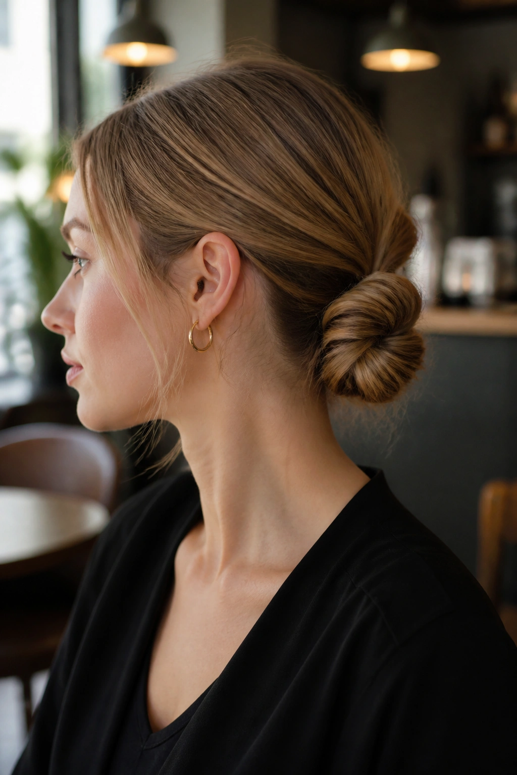 Close-up of a woman with a double knot bun