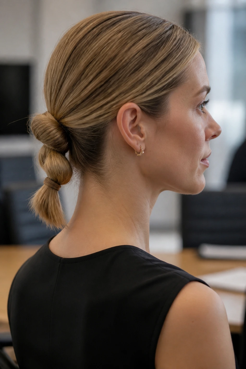 Close-up of a real woman showing a double-knotted ponytail.