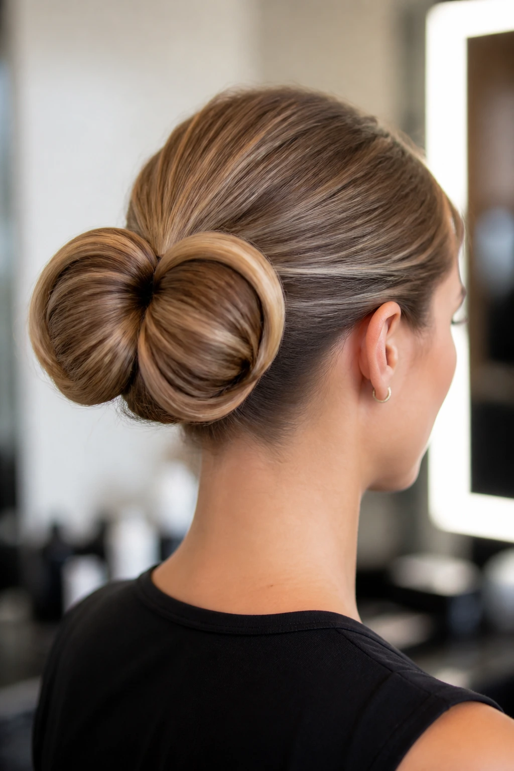 Close-up of a real woman with a double-loop donut bun