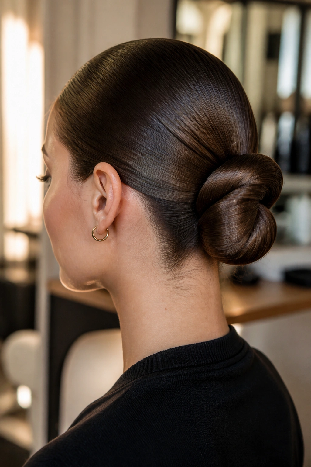Close-up of a real woman with a double-loop bun, two loops at the base, sleek glossy hair