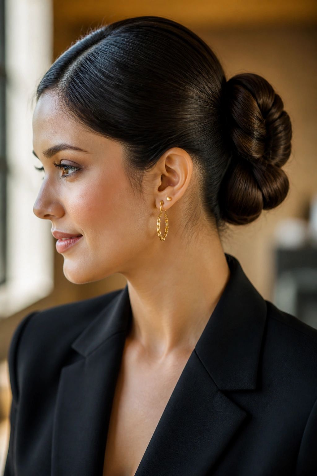 Close-up portrait of a real woman with a double-loop pretzel bun, two loops visible at back of head in warm window light
